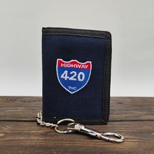 THC Highway 420 Blue Hook and Loop Embroidered Fabric TriFold Wallet With Chain